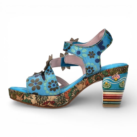 Laura Vita Nellao 33 damessandalen met sleehak, blauw met bloemenprint, van leer. - Image 5