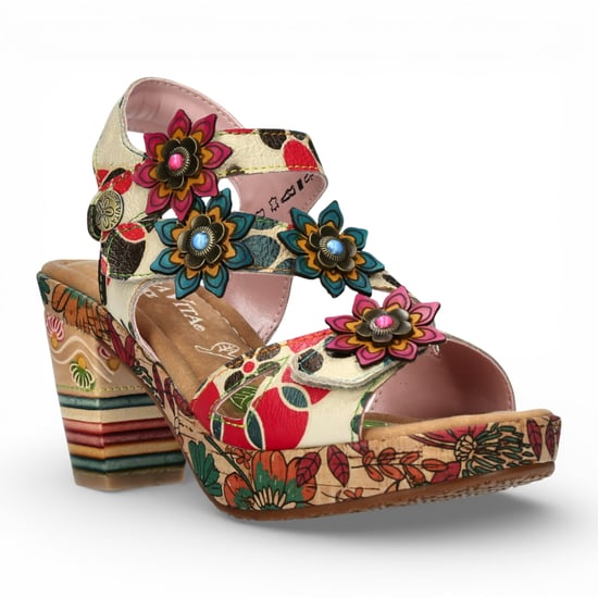 Laura Vita Nellao 33 beige leren espadrilles met bloemenprint en sleehak voor dames - Image 3
