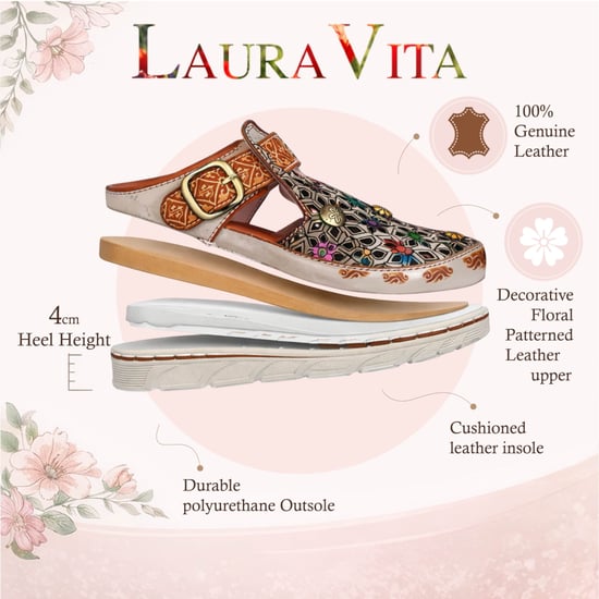 Laura Vita Dames Dorry 01 Bloemen Beige Leren Sleehak Slippers - Image 2