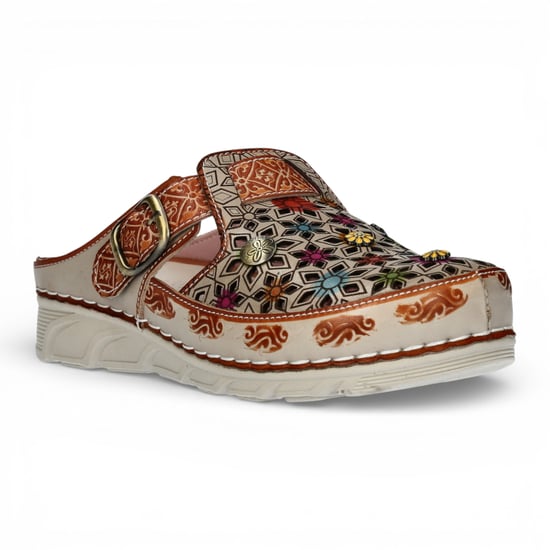 Laura Vita Dames Dorry 01 Bloemen Beige Leren Sleehak Slippers - Image 3