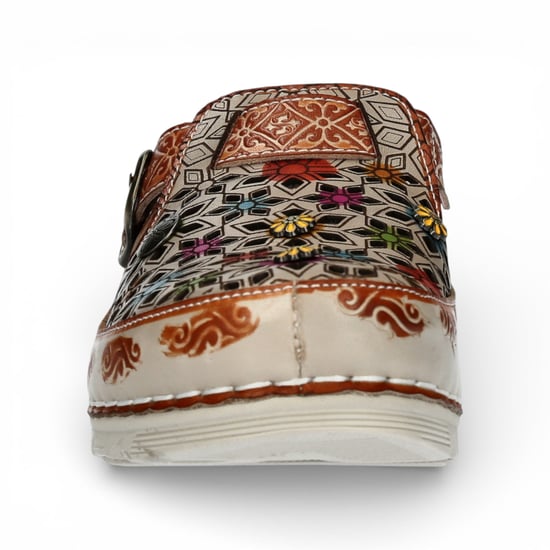 Laura Vita Dames Dorry 01 Bloemen Beige Leren Sleehak Slippers - Image 4