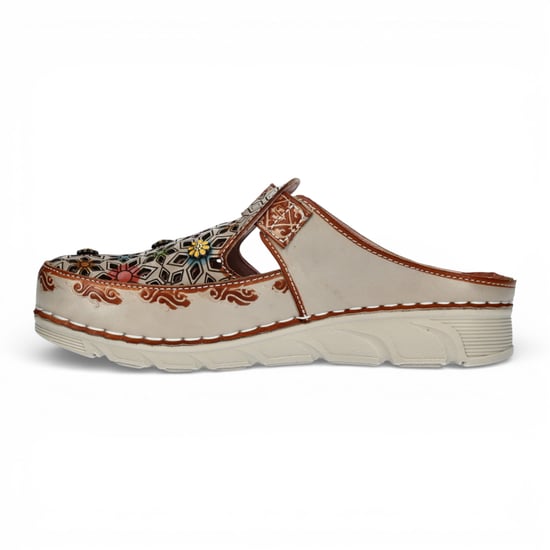 Laura Vita Dames Dorry 01 Bloemen Beige Leren Sleehak Slippers - Image 5