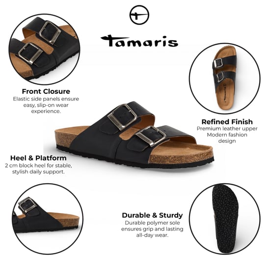 Tamaris herenslippers van zwart leer met instapzool en voetbed. - Image 2
