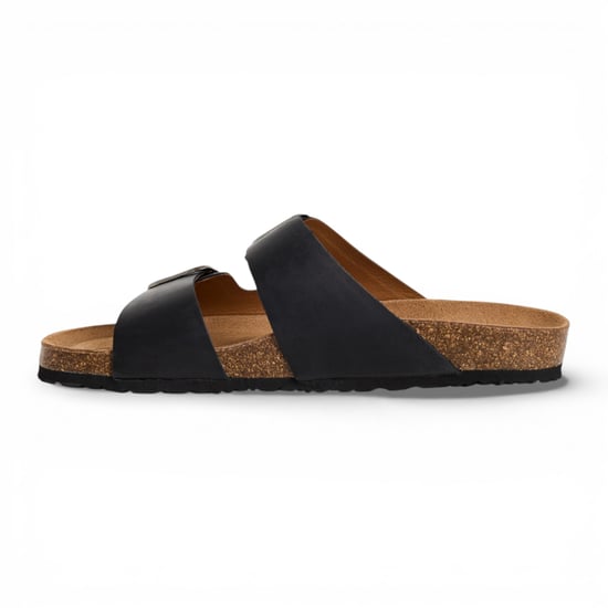 Tamaris herenslippers van zwart leer met instapzool en voetbed. - Image 3