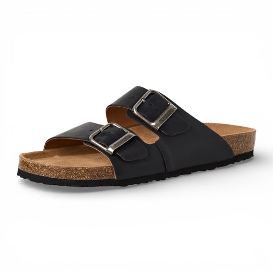 Tamaris herenslippers van zwart leer met instapzool en voetbed. - Image 4