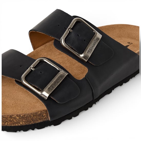 Tamaris herenslippers van zwart leer met instapzool en voetbed. - Image 6