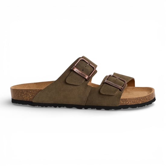 Tamaris herenslippers van olijfgroen leer met instapzool en voetbed. - Image 1