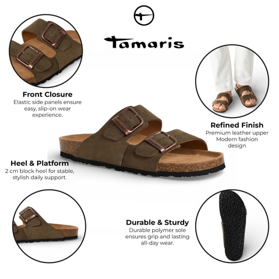 Tamaris herenslippers van olijfgroen leer met instapzool en voetbed. - Image 2