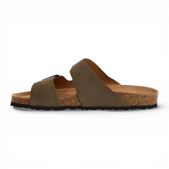 Tamaris herenslippers van olijfgroen leer met instapzool en voetbed. - Image 3