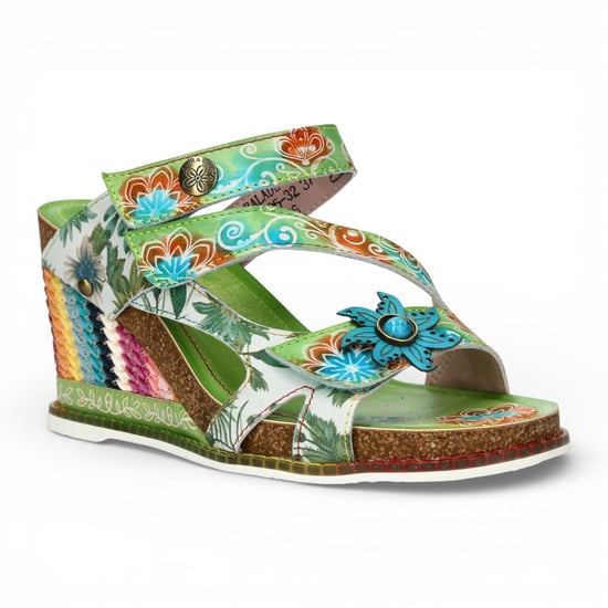 Laura Vita Balade 32 Vert damessandalen met bloemenprint en leren sleehak. - Image 3