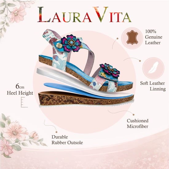 Laura Vita Bonito 32 damessandalen met sleehak, turquoiseblauw met bloemenprint, gemaakt van leer. - Image 2