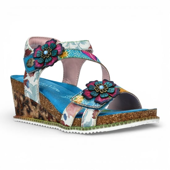 Laura Vita Bonito 32 damessandalen met sleehak, turquoiseblauw met bloemenprint, gemaakt van leer. - Image 3