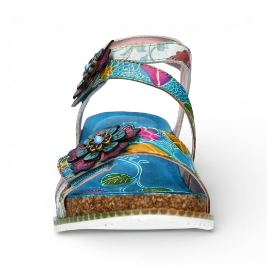 Laura Vita Bonito 32 damessandalen met sleehak, turquoiseblauw met bloemenprint, gemaakt van leer. - Image 4