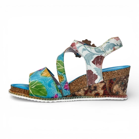 Laura Vita Bonito 32 damessandalen met sleehak, turquoiseblauw met bloemenprint, gemaakt van leer. - Image 5