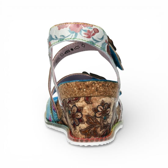 Laura Vita Bonito 32 damessandalen met sleehak, turquoiseblauw met bloemenprint, gemaakt van leer. - Image 6
