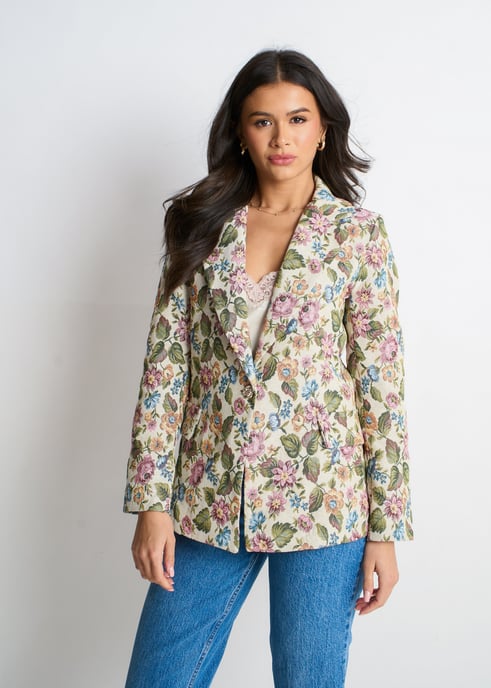 Beige bloemenjacquard getailleerd jasje - Image 2