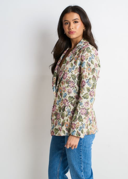 Beige bloemenjacquard getailleerd jasje - Image 3
