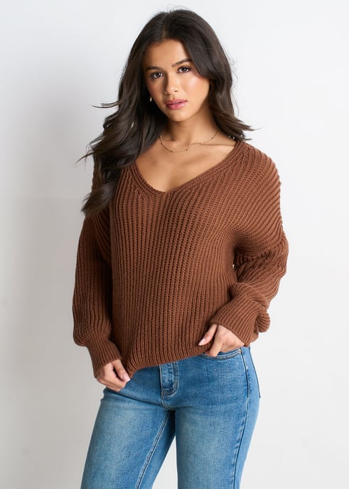 Bruine oversized trui met grove steken - Image 2