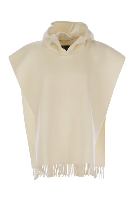 Dubbel Gebreide Wol- en Kasjmier Poncho Met Capuchon en Franje - Image 1