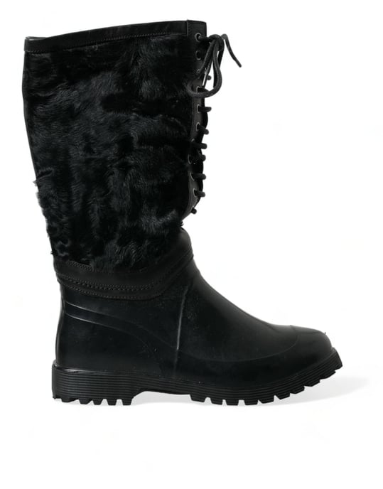 Dolce & Gabbana Zwarte Rubber Veterschoenen met Schapenvacht Regenboots - Image 1