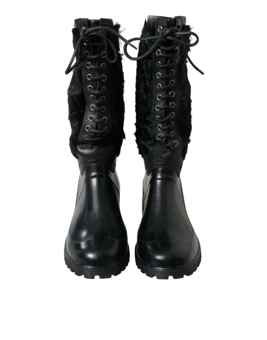 Dolce & Gabbana Zwarte Rubber Veterschoenen met Schapenvacht Regenboots - Image 2