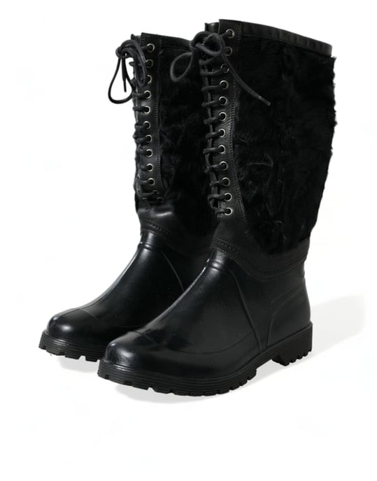 Dolce & Gabbana Zwarte Rubber Veterschoenen met Schapenvacht Regenboots - Image 3