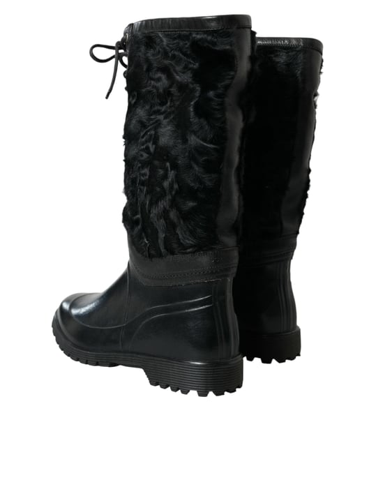 Dolce & Gabbana Zwarte Rubber Veterschoenen met Schapenvacht Regenboots - Image 4