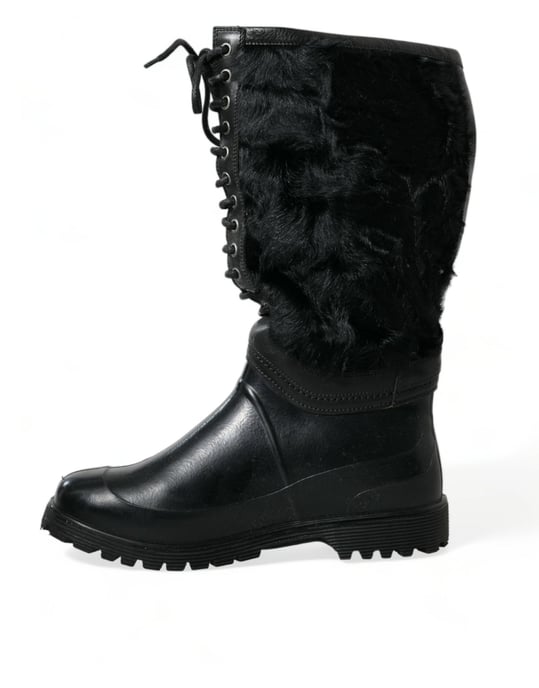 Dolce & Gabbana Zwarte Rubber Veterschoenen met Schapenvacht Regenboots - Image 5