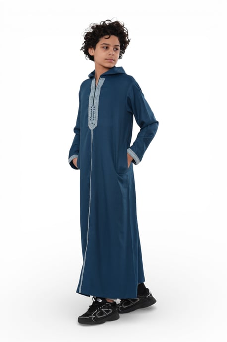 Kinderen jongens Aqua Blue Eid Marokkaanse Thobe Robe Djellaba Ramadan Jubba-K-HM3 met capuchon - Image 3