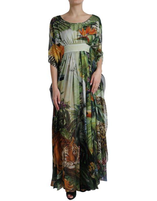 Geprinte Zijde Kaftanjurk Jungleprint Maxi Jurk - Image 1