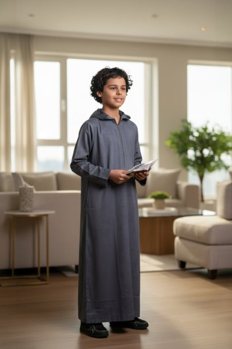 Grijze Marokkaanse Jubba-robe met capuchon voor jongens, geschikt voor Eid, Ramadan en Eid (LFS) - K-HM12 - Image 1