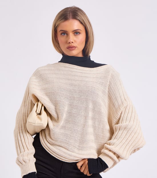 Gestreepte gebreide oversized trui met vleermuismouwen - Image 2