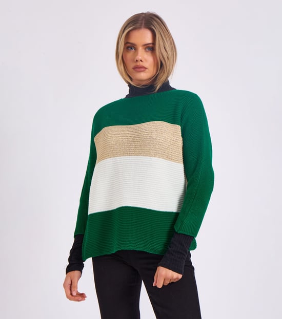 Gestreepte gebreide oversized trui met V-hals - Image 1