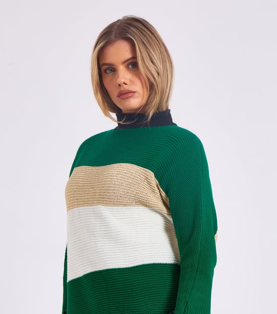 Gestreepte gebreide oversized trui met V-hals - Image 3