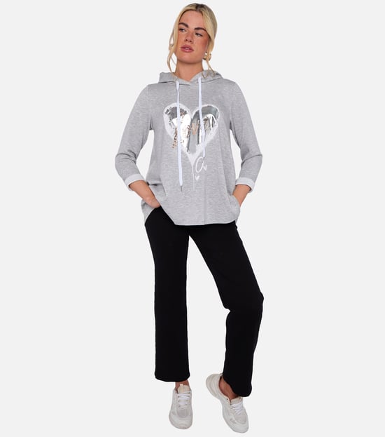 Grijze oversized A-lijn top met capuchon en hartprint - Image 1