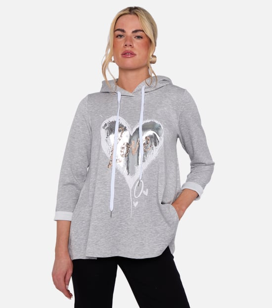 Grijze oversized A-lijn top met capuchon en hartprint - Image 2