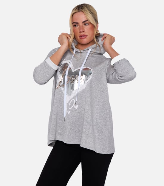 Grijze oversized A-lijn top met capuchon en hartprint - Image 3