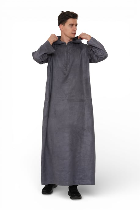 Heren Eid Grijze Marokkaanse Jubba Robe Ramadan Eid Thobe met capuchon - HM12 - Image 3