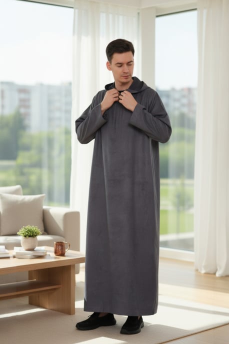 Heren grijze Eid Marokkaanse Jubba Robe Ramadan Eid Thobe LFS met capuchon - HM12 - Image 1
