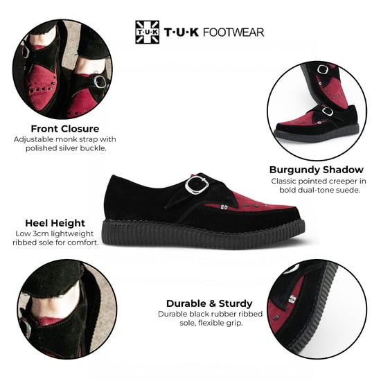 TUK Pointed Creeper Black Burgundy Suede Monk Buckle Platform Shoes - A9592 - Image 2