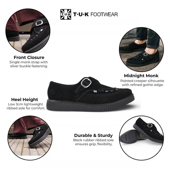 TUK Pointed Creeper Black Suede Monk Buckle Platform Shoes - A8139 - Image 2