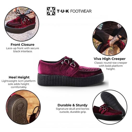 TUK Viva High Creeper bordeauxrode fluwelen platform veterschoenen in gothic-stijl - AV6802 - Image 2