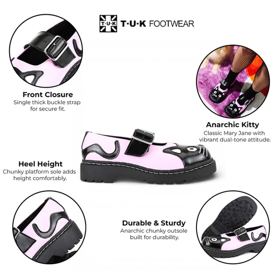 TUK Dames Mary Jane Kitty Roze Zwarte Leren Platform Goth Schoenen - T2344 - Image 2