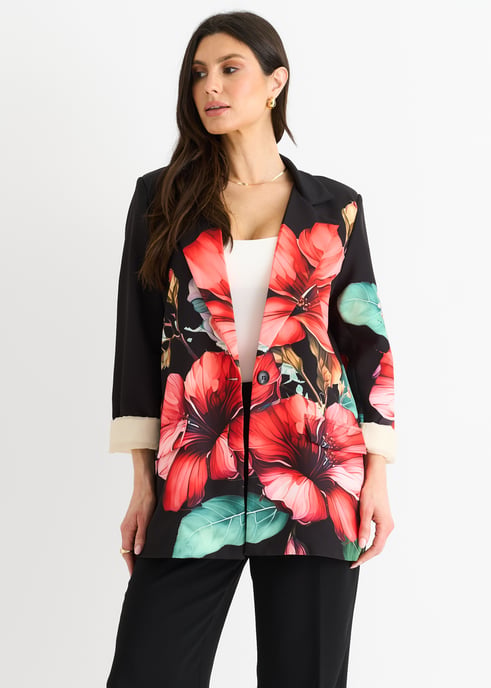 Zwarte oversized blazer met bloemenprint en contrasterende voering - Image 2