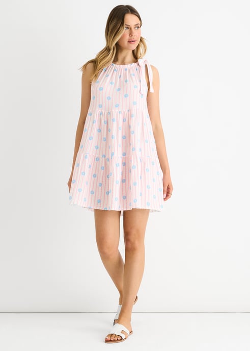 Roze katoenen mini-jurk met bloemenprint en strepen - Image 1