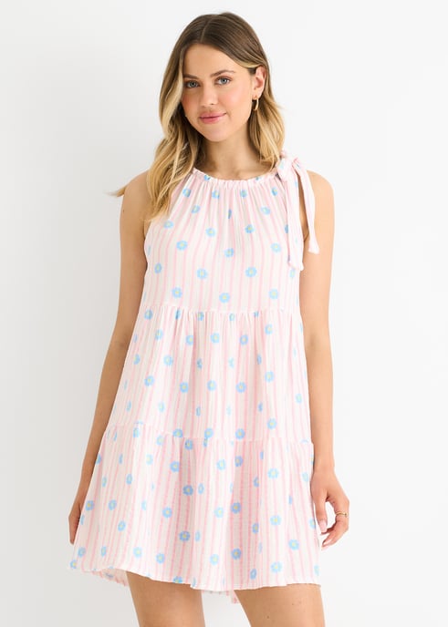 Roze katoenen mini-jurk met bloemenprint en strepen - Image 2