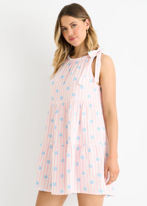 Roze katoenen mini-jurk met bloemenprint en strepen - Image 3