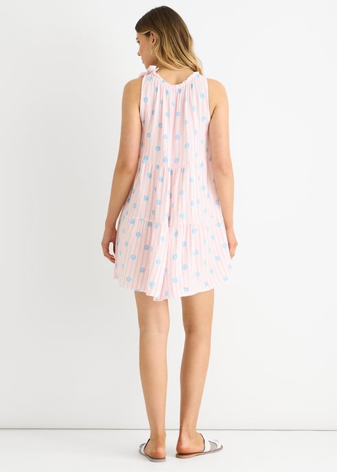 Roze katoenen mini-jurk met bloemenprint en strepen - Image 4
