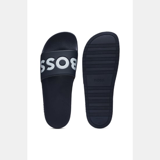 Boss Aryeh herenslippers, Italiaans gemaakt, met groot logo in donkerblauw. - Image 4
