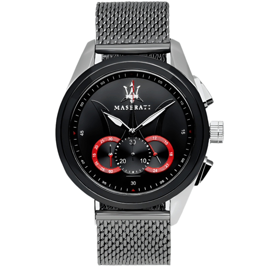 Maserati Traguardo herenhorloge met chronograaf, zwarte wijzerplaat en zilverkleurige mesh armband - Image 1